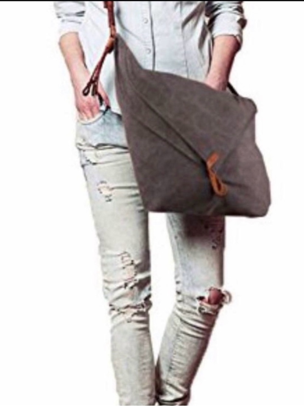 TOM CLOVERS GRAY CANVAS LEATHER STRAP LINED MESSENGER CROSSBODY TOTE BAG - Picture 2 of 10